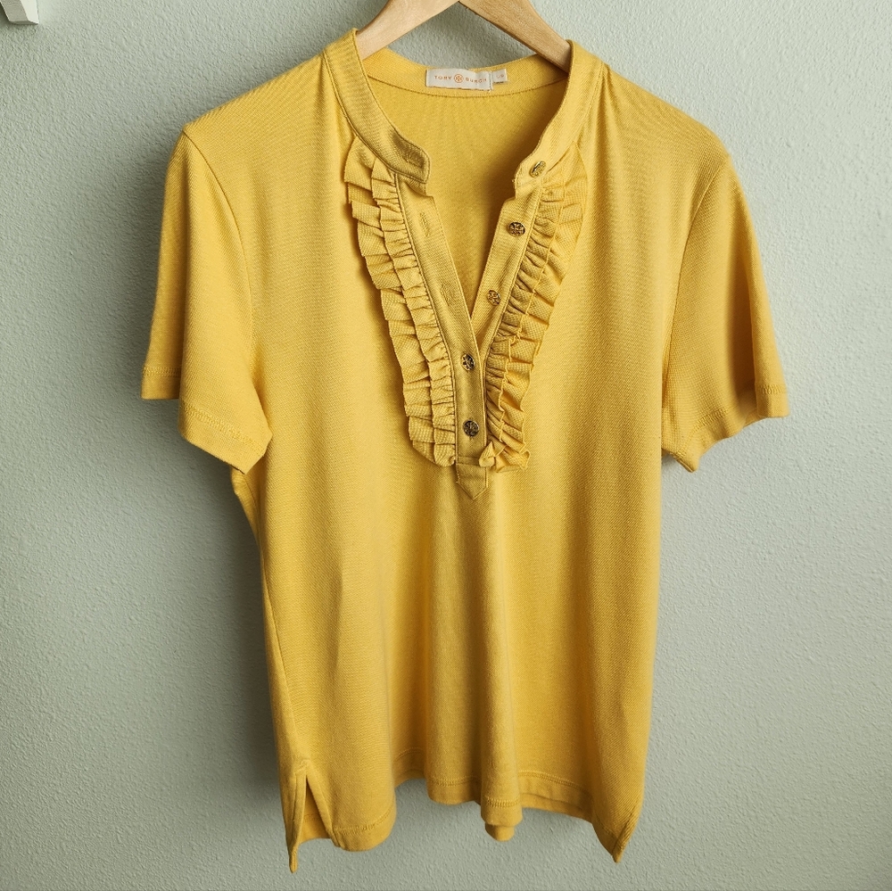 Tory Burch Marigold Yellow Ruffle Polo Shirt SIZE Large